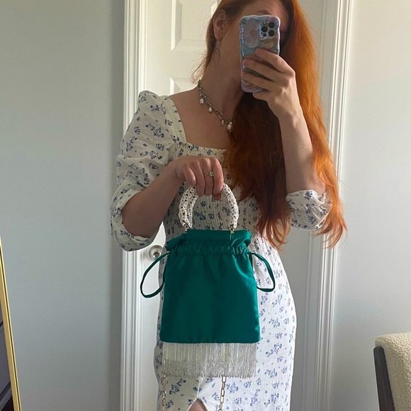 Uterque emerald satin bag with beads and plastic flower handles - Picture 4 of 11